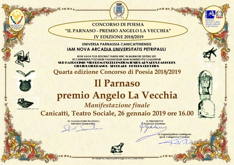 Canicatti Sabato 26 Gennaio La Finale Del Concorso Di Poesia Il Parnaso Premio Angelo La Vecchia